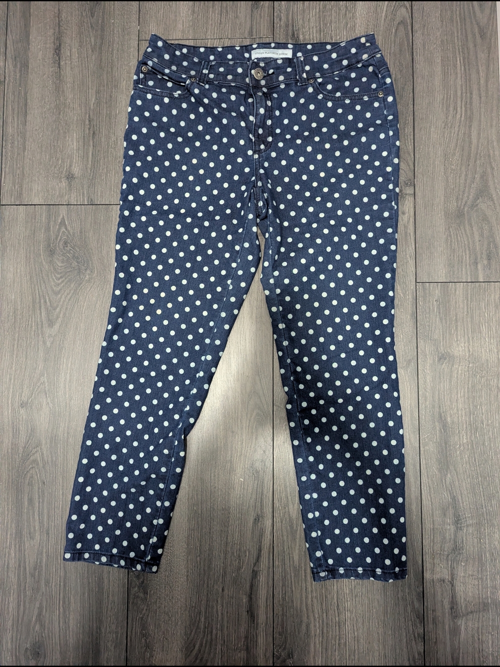 Chico's Platinum Denim Navy and White Polka Dot Skinny Jeans